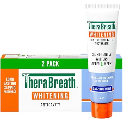 TheraBreath Whitening Toothpaste, Gentle Peroxide-Free Teeth Whitening in 1 Week (3), with Fluoride for Anticavity Protection, Dazzling Mint, 4 Oz, 2-Pack Cover