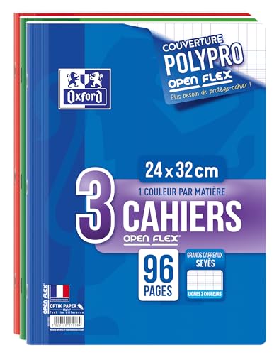 OXFORD Lot de 3 Cahiers 24x32 Grands Carreaux Seyès 96 Pages Couverture Polypro OpenFlex 90g Couleurs Assorties