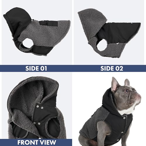 Image of Spark Paws Reversible Dog Hoodie, Sweater for Winter Cold, Warm Clothes for Small Medium Large Breeds - Black and Grey - XL
