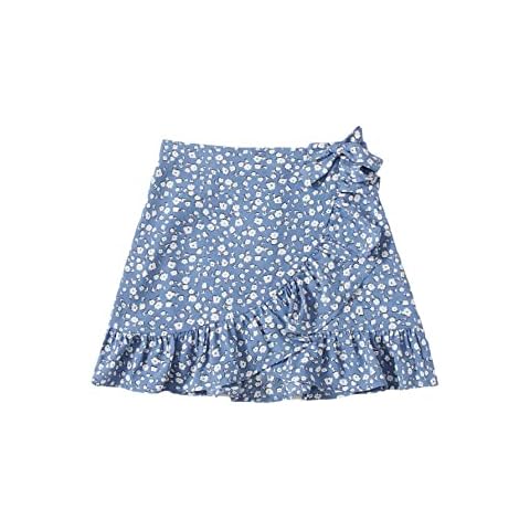 Milumia Girl's Boho Floral Print Ruffle Hem Skirt Wrap Knot Side Short Mini Skirts Blue and White 9 Years Cover