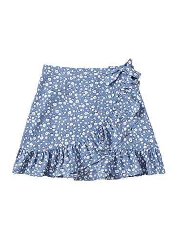 Milumia Girl's Boho Floral Print Ruffle Hem Skirt Wrap Knot Side Short Mini Skirts Blue And White 9 Years #TOP26