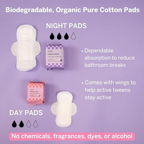 Image of Pixie Organic Cotton Pads for Teens and Tween Girls with Wings, 56 Count | 32 mini and 24 regular, ultra thin, leakproof, hypoallergenic, unscented, fits smaller underwear, 10 wipes
