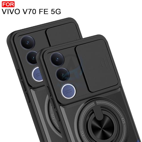 Image of AESTMO VIvo V70 FE 5G Back Cover | Armor Camera Slider 360 Degree Rotating Finger Ring Holder Case with Bracket Stand & Camera Protection Back Case Cover for VIvo V70 FE 5G (Black)