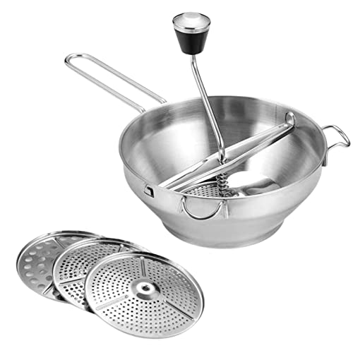 Food Mill with Discs, 33cm x 22cm x 19cm Stainless Steel Ergonomic Food Grater, Easy to Use Rotary Food Mill for Tomato Sauce, Mashed Potatoes and Jams