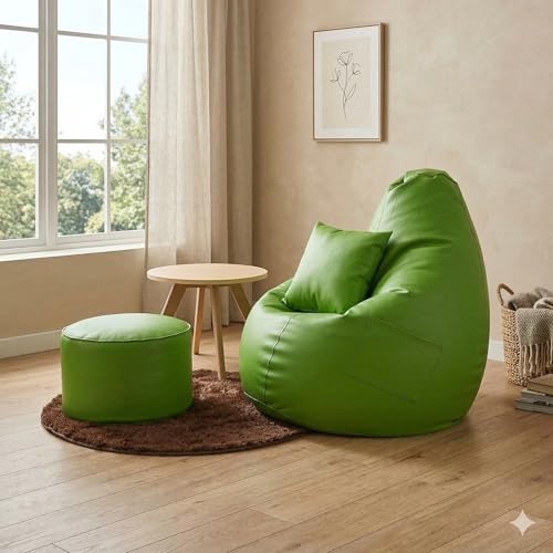 Image of IVIKA Bean Bag with Stool & Cushion | XXXXXL Size Premium Leatherette Bean Bag for Gaming, Living Room & Bedroom (5XL - Green)