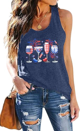 American Flag T Shirt Women 4th of July Tank Tops Red White and Blue Shirts Funny Wine Glass Graphic Patriotic Tees