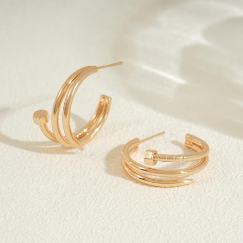 FETTERO Split Hoop Earrings 14K Gold Plated Chunky Hoop Earrings for Women Dainty Hypoallergenic Half Hoop Earring Jewelry Triple Hoop Earrings
