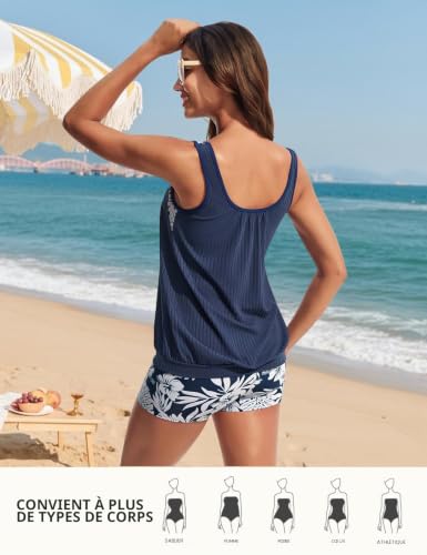 Hanna Nikole Maillot de bain tankini 2 pièces pour femme, maillot de bain gainant imprimé, haut tankini côtelé taille haute athlétique avec short, Fleurs bleu marine et blanches, XL – vue 2