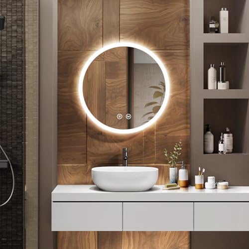 EMKE Espejo de Baño con Iluminación, Diámetro de 50cm, Espejo Redondo con Interruptor Táctil, Antivaho, Función de Memoria, Luz Cálida/Blanca Fría/Neutra