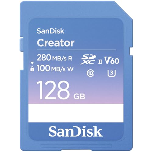 SanDisk Creator SD UHS-II Card 128GB, Read speeds up to 280MB/s, Write speeds up to 100MB/s, 4K UHD/6K Video, V60