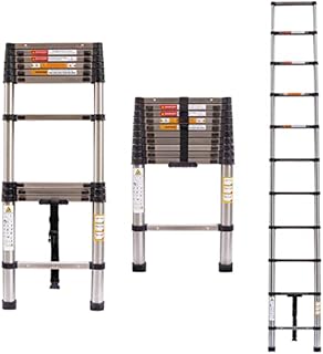 3.2M Telescopic Ladder Stainless Steel Ladders Multi-Purpose Attic Ladder Extendable Step Ladder Straight Ladder, Lightweight Pull-Out Ladder, 150kg Load Capacity