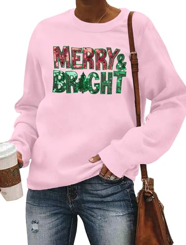 Image of Christmas Sweatshirt Women Merry and Bright Christmas T-Shirt Funny Xmas Lights Blouse Tops Holiday Shirts