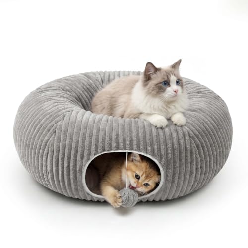 MOYMO Cat Tunnel Bed for Indoor Cats, Peekaboo Cat Cave Bed,Soft Cat Donut Tunnel for Kitten Large Cats, Grey