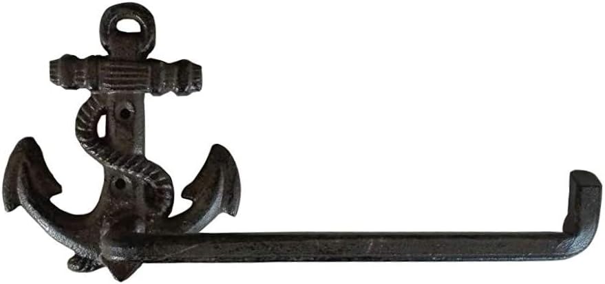 Comfy Hour 9" Cast Iron Anchor Toilet Paper Holder, Decorative Nautical Bathroom Decor, Vintage Coastal Wall Mount Paper Roll Hanger, Heavy Duty Maritime Decor for Beach House, Brown, 1 Pack
