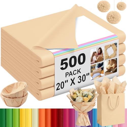 Qilery 500 Sheets Kraft Tissue Paper Bulk for Gift Bags 20 x 30 Inch Acid Free Wrapping Paper Sheets for Flower Wrapping Wedding Decoration DIY Crafts Packing Supplies Moving Shipping