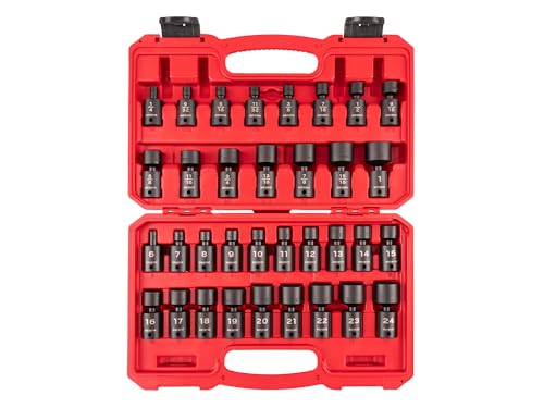 Image of TEKTON 3 /8 Inch Drive Universal Joint Impact Socket Set | SID97303 | 34-Piece, (1 /4 - 1 in., 6 - 24 mm), Shallow, 6-Point