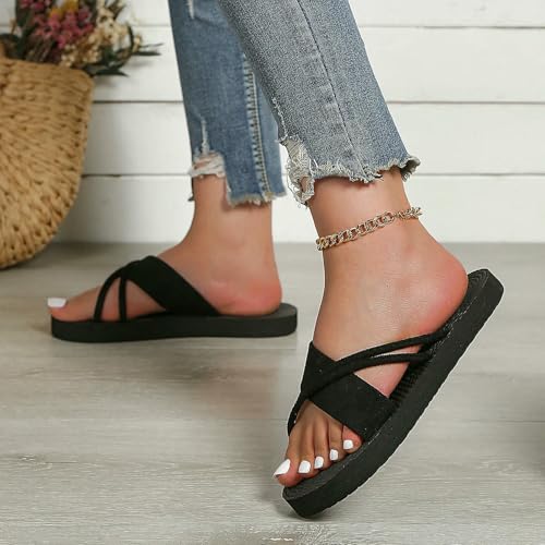 Women'S Fashion Trend Simple Pure Black Lace-Up Non-Slip Breathable Flat Slippers3