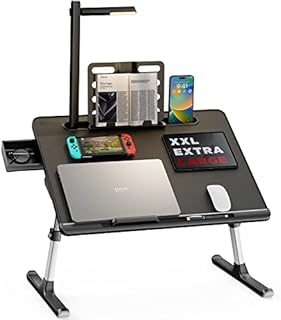 Laptop Bed Tray Desk with LED Desk Light, SAIJI Adjustable Laptop Stand for Bed, XX-Large PVC Leather Foldable Laptop Table with Book Stand, Wrist Rest, Extra Leg Room for Sofa Couch Floor (Black)