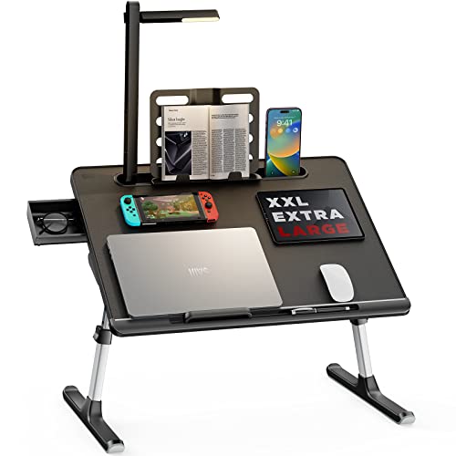 Laptop Bed Tray Desk with LED Desk Light, SAIJI Adjustable Laptop Stand for Bed, XX-Large PVC Leather Foldable Laptop Table with Book Stand, Wrist Rest, Extra Leg Room for Sofa Couch Floor (Black) 