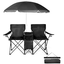 Folding Double Camping Chair w/Umbrella Beverage Holder Carrying Bag Cooler Fold Up Table, Portable Beach Chair for Camping, Picnic, Fishing, Beach Black