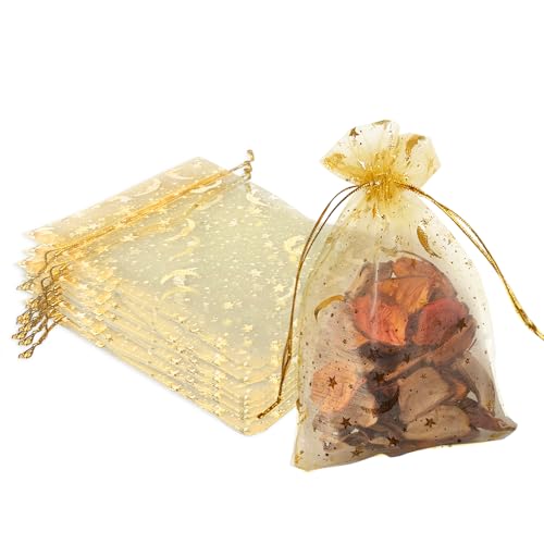 Image of YHJZ 100PCS Moon Star Organza Bags, 4x6 inches (10x15cm) Small Mesh Bags Drawstring, Jewelry Gift Pouches for Wedding, Party, Festival, Makeup Organza Favor Bags (Gold)