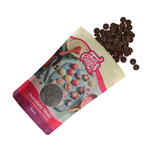 FunCakes Schokoladen Melts Dunkel: Schmelzende Schokolade für süße Bonbons, Tropfen, Glasur, Kuchendekorationen, Drip. Einfaches Schmelzen in der Mikrowelle oder Wasserbad, Halal. 350 g.