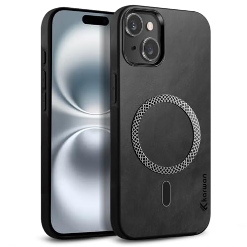 KARWAN Shockproof Hybrid Leather Finish Back Case Cover Compatible with iPhone 15 with Wireless MagEaze Charging Cover, Anti-Scratch Shield Case with Strong Minimalist Design (Black)