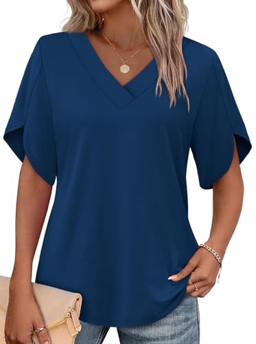 Image of WIHOLL Womens Summer Tops Short Petal Sleeve Shirts Fashion V Neck Womens Clothing