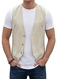 HISDERN Chaleco de lino para hombre ideal para verano bodas fiestas y negocios Corte regular Beige L