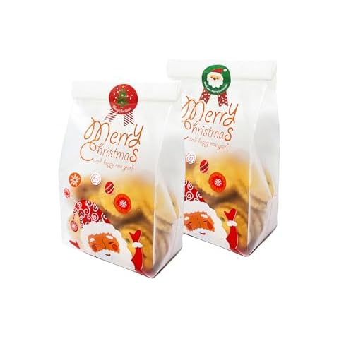 Prudance 50 PCS Christmas Plastic Bags Translucent Cookie Bags with Stickers Snowflake Santa Candy Bags for Christmas Party Supplies Cover