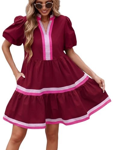 Image of LifeShe Womens Puff Sleeve Babydoll Dress V Neck Navy Blue Striped Color Block Tiered Mini Dresses