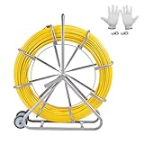 Happybuy Fish Tape Fiberglass, 656 ft, 5/16 in, Duct Rodder Fishtape Wire Puller, Cable Running Rod with Steel Reel Stand, 3 Pulling Heads, Non-Conductive
