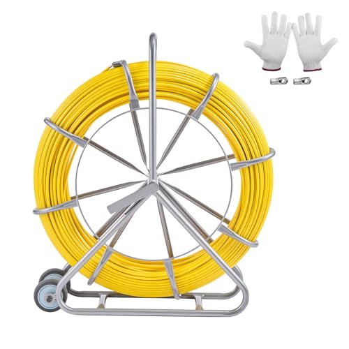 Happybuy Fish Tape Fiberglass, 656 ft, 5/16 in, Duct Rodder Fishtape Wire Puller, Cable Running Rod with Steel Reel Stand, 3 Pulling Heads, Non-Conductive