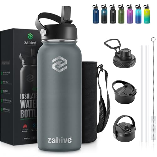 Zahive Insulated Water Bottle 1l with 3 Lids & Bag - Stainless Steel Water Bottle with Straw - 1000ml Double Wall Flask for Gym Travel Hot & Cold Drinks - Leak Proof (1 Liter Cool Gray)