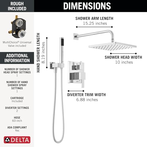 Image of Delta Modern 14 Series Square Rain Shower System Faucet Set, Rainfall Chrome Shower Head and Handle Set, Valve Trim Kit, 10 Inch, Chrome 342701