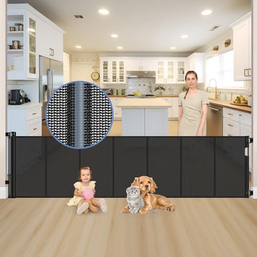 Image of Reinforced 120 Inch Extra Long Retractable Dog Gates for Doorways Extra Wide Pet Gate Indoor 10 Ft Retractable Baby Gates for Dogs 33 Inch Tall Mesh Baby Gate Long with Reinforced Strips, Black
