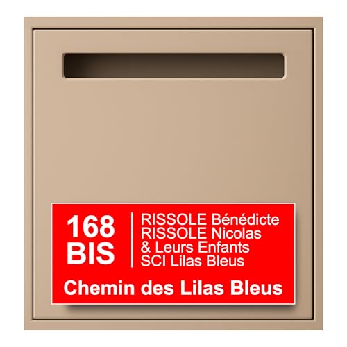 Plaque Boite aux Lettres Personnalisable - 24x10 cm - Numéro de Maison et Adresse - Gravée et Personnalisée - Signalétique Maison, Cabinet, Entreprise, Bureau, Etiquette avec Nom (Rouge)