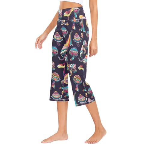 Calça de ioga de cintura alta com estampa de cogumelo com controle de barriga, calça solta feminina
