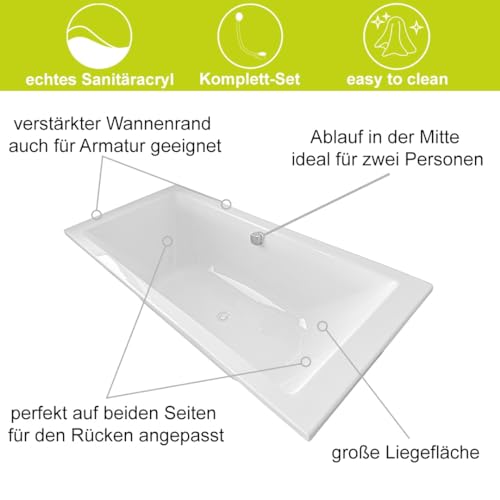 ECOLAM Badewanne Tami 200x90 cm + Schürze | moderne große Wanne für zwei Personen Duo Wanne | Acrylwanne Rechteck Top QUALITÄT I Ablaufgarnitur Füße Silikon Komplett-Set Design – Bild 5