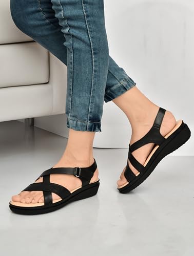 Image of Moshun Criss Cross Sandals for Women & Girls | Multi Strap & X Strap Flat Sandals, Bounce Back Technology Footbed with Adjustable Strap, Anti-Slip Sole | Lightweight Daily Wear Casual Slip-On Sandals