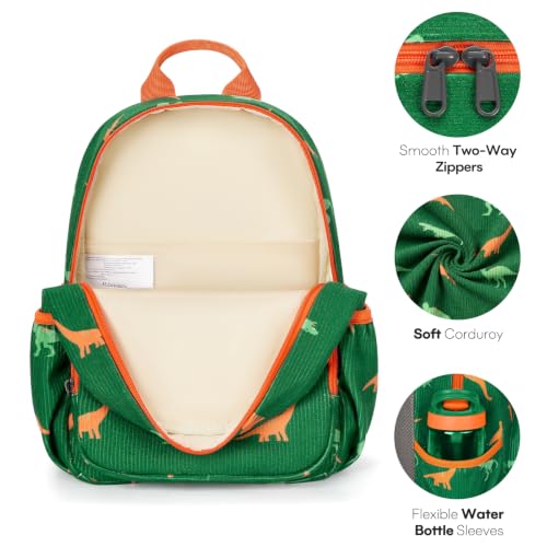 mibasies Toddler Backpacks for Boys 2-4: Little Kid Corduroy Bookbag for Preschool Daycare Travel, 12" H - Green Dinosaur — view 5