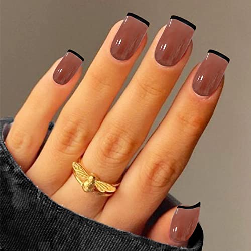 YOSOMK Brown Fake Short Nails Square Press on French Tip Artificial Glossy Stick with Design Glue Acrylic for Women, 6A-Brown french, long