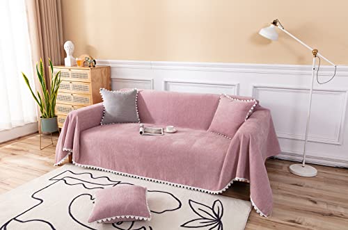 Bestdesil Pink Couch Covers, Chenille Couch Covers For 3 Cushion Couch Sofa, Sectional Couch Cover For Dogs Cats, Boho Aesthetic Couch Cover With Lace Edge, 71" X 102" #TOP1