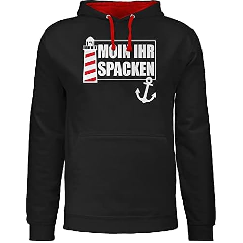 Pullover Herren Frauen Hoodie Kontrast zweifarbig - Sprüche Statement mit Spruch - Moin Ihr Spacken mit Leuchtturm - weiß - XL - Schwarz/Rot - Moin+Hoodie Moin,Moin Hoodi Damen +, JH003 Cover