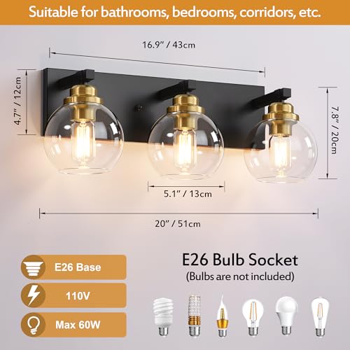 Image of LmnLvn Bathroom Light Fixtures, Farmhouse Black & Gold Metal with Globe | 3-Light Rustic Vanity Lights,Easy To Install, Mounted Over Mirror for Bathroom, Bedroom & Hallway