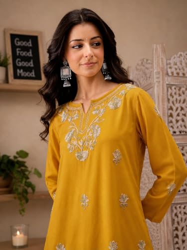 Image of QAZMI Women's Zayesha Aari Embroidered Viscose Rayon A-Line Flared Short Kurti