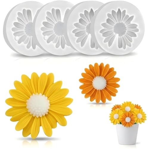 Lot de 4 moules silicone fleur marguerite 3D pour bougies et savon, moule bougie silicone réutilisable, moule fleur silicone pour DIY résine plâtre fondant...