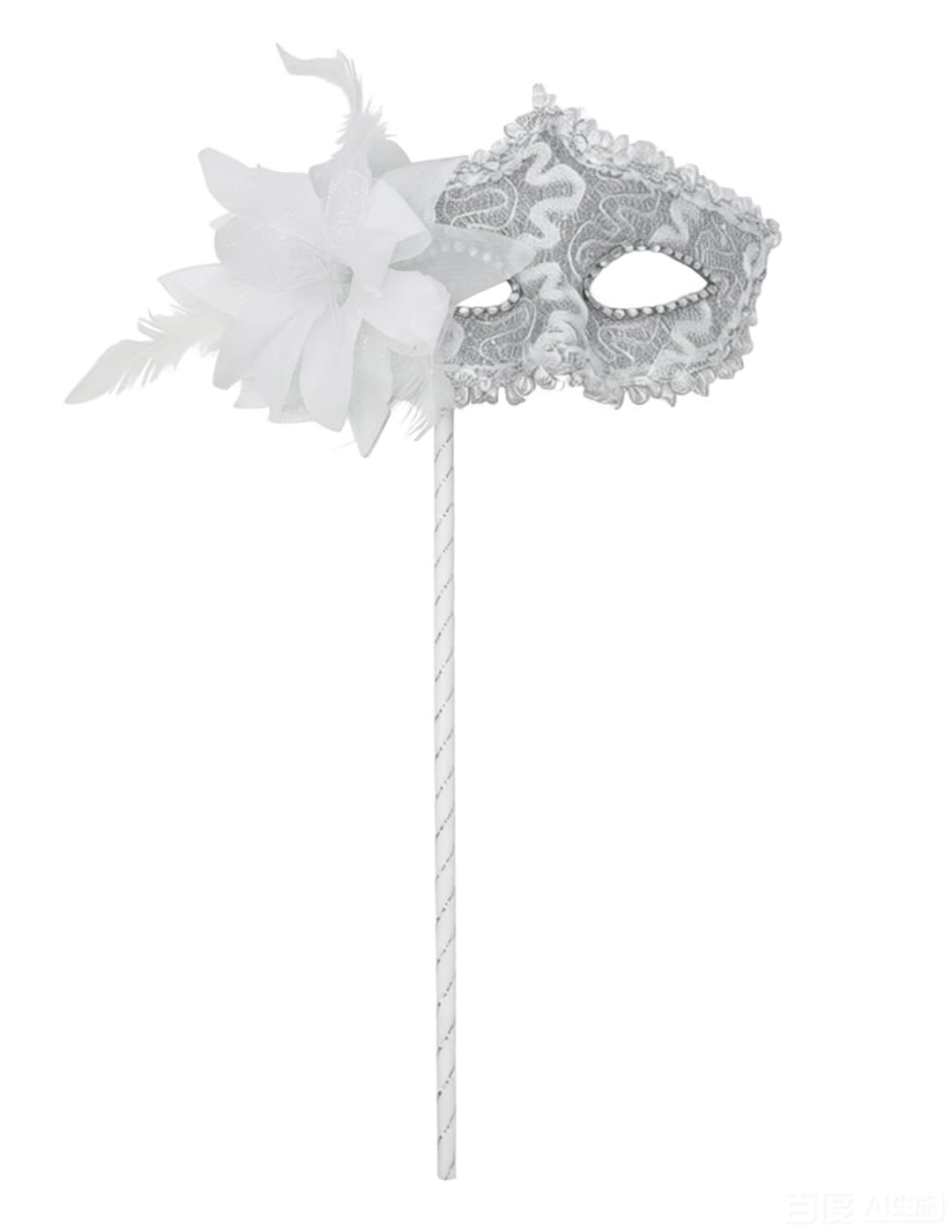 Women's Masquerade Masks Side Feather Flower Petal Hand Held Lace Mask with Stick,(White) โ image 1