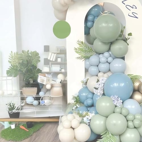 Image of Dusty Sage Green Blue Balloons, Muted Slate Blue Green Gold Balloon, 12 Inch Olive Green Cream White and Gold Balloon for Woodland One Silly Goose Lucky Birthday Decor Baby Bridal Shower Decorations
