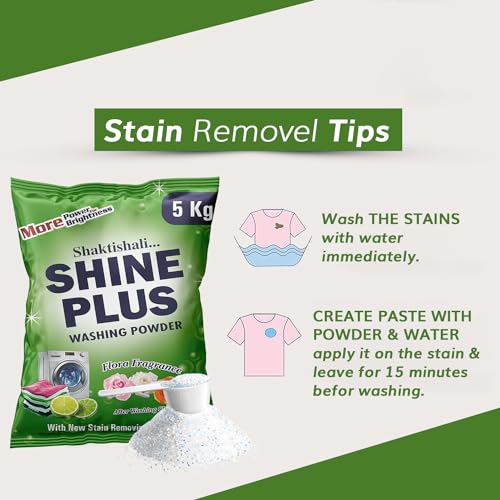 Image of Shine Plus Detergent Powder 10kg, Washing Powder With Lemon & Bleach To Remove Tough Stains on Clothes & Dissolves Easily | Suitable for all Washing Machines & Bucket Wash,(2 X 5Kg)